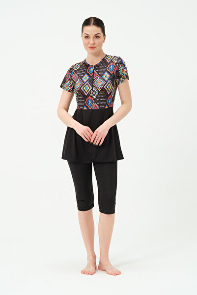 İKSUN Kadın Kısa Kollu Yarı Kapalı Tesettür Mayo Taytlı Boneli Takım