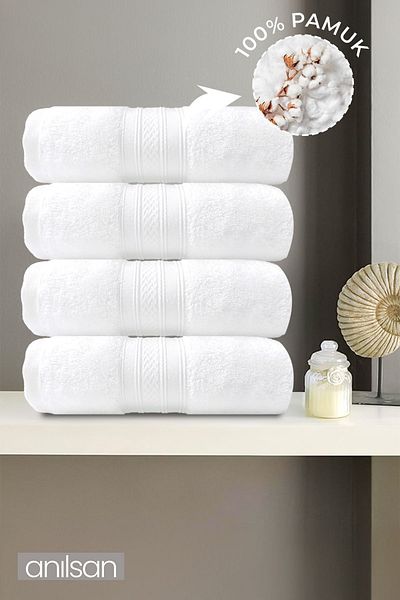 Anılsan Set of 4 White Bordered Hand Towels - 50X90 Cm, 100% Cotton, Suitable for Spa and Hotel