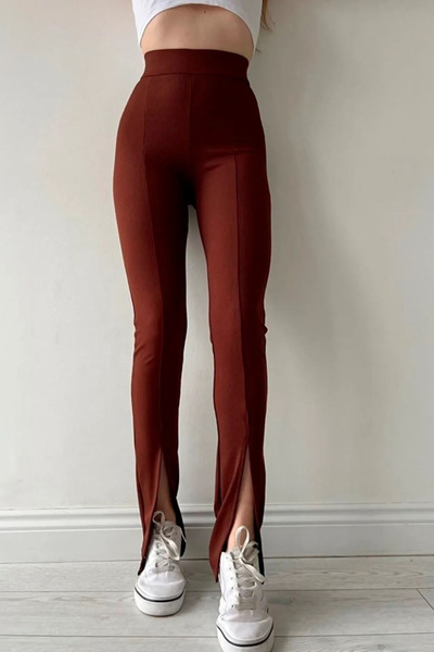 Swana Ženske smeđe Visok struk nogavice Sa prorezom Rebrasto leggins pantalone