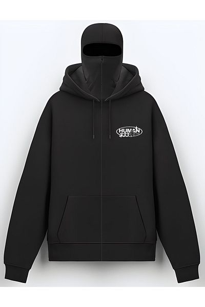 Edizen Human Printed Black Snow Mask Plain Oversize Hooded Sweatshirt