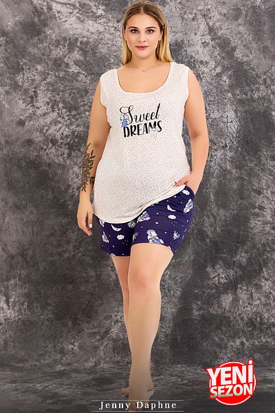 Jenny Daphne Set de pijamale cu mâneci scurte, cu mâneci scurte, cu imprimeu de noapte, pantaloni scurți din dantelă 10423