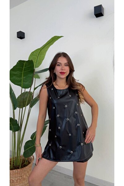 modadagiyim Bluză de damă din piele fără mâneci, cu decolteu în U, cu detalii despre accesorii metalice