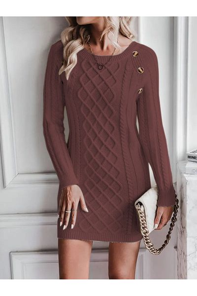 AQE FASHION Γυναικείο πλεκτό με λαιμόκοψη με πλεκτό μαλλί με μοτίβο ζακάρ με κουμπιά Λεπτομερές πλεκτό κανέλα Κομψό φόρεμα