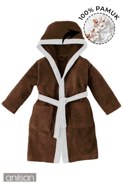 Anılsan Kahverengi ve Beyaz %100 Pamuklu Çocuk Bornozu - 2-4 Yaş - Yumuşak, N...