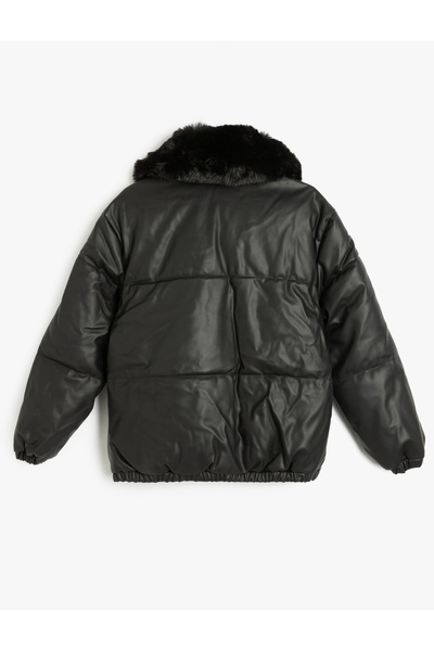 Koton Yakası Çıkarılabilir Suni Kürklü Cepli Suni Deri Şişme Mont