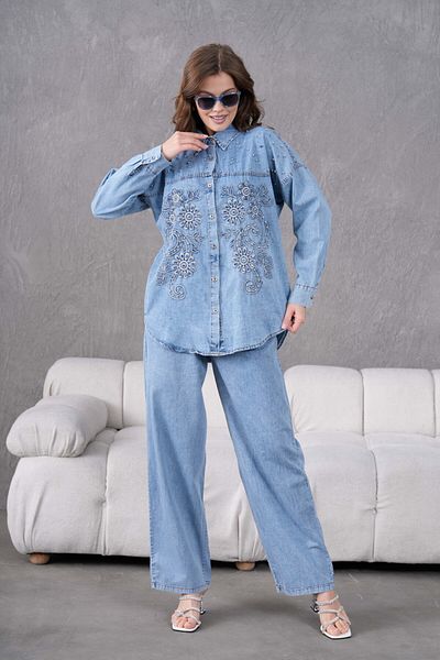 Miss Allos Set cămașă și pantaloni din denim pentru femei, cu detaliu de piatră brodat în față