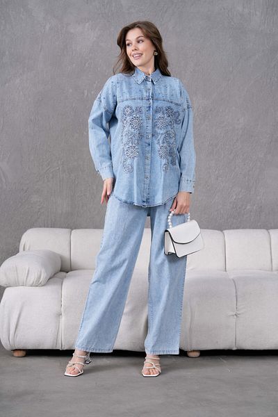 Miss Allos Women's Front Embroidered Stone Detailed Denim Shirt and Jeans Bottom Top Set