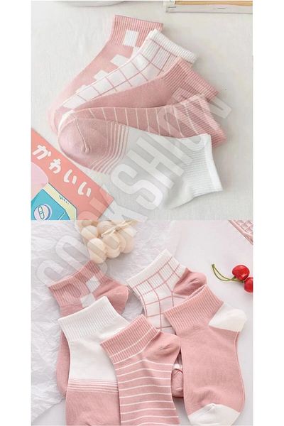Ay-Ra Collection Комплект дамски колежански чорапи с половин крачол, розови и шарени - 5 чифта
