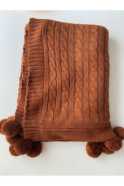 ART ÇEYİZ Pompom Knitted Knitted Tv Blanket (Sofa Shawl)