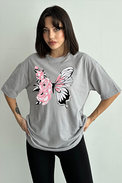 Stendhal Tricou oversize pentru damă, gri, cu imprimeu floral, cu decolteu ro...
