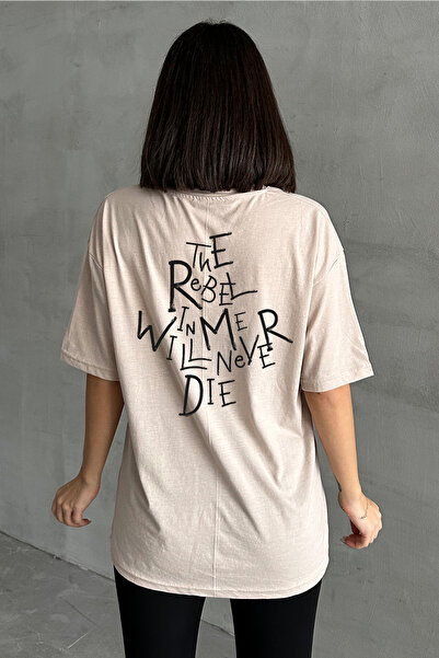 Stendhal Tricou oversize de damă, bej, cu imprimeu The Rebel, cu decolteu rotund