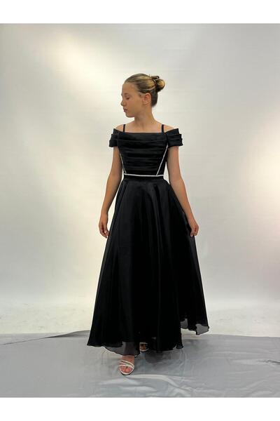 BUTİKHAPPYKİDS Kız Çocuk Abiye Siyah Askılı Uzun Şifon Kolları Çıkabilen Drape Yaka Abiye Elbise 10-15 Yaş