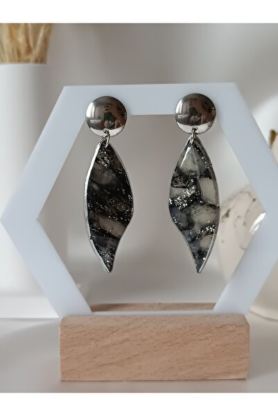 La fee aksesuar أقراط من طين البوليمر الأسود - أقراط من الفولاذ، تفاصيل فضية،...