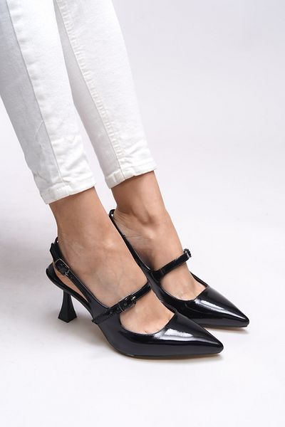 Riccon Stiletto din piele lăcuită neagră Melilendra - vârf ascuțit, spate deschis 0012701