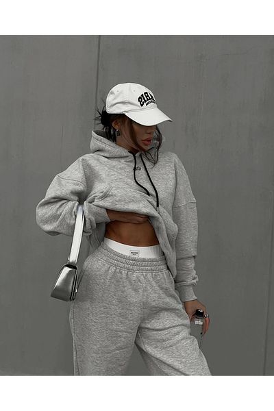 Asfa Moda Unisex Γκρι Μελανζ Τρεις Κλωστές Ροζ Ροζ Παντελόνι Premium