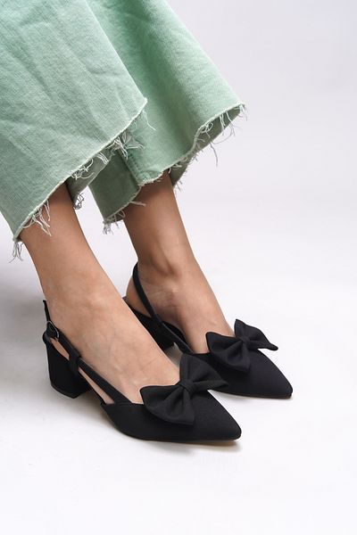 Riccon Pantofi de damă Bynlica Matte Black - Spate deschis, vârf ascuțit și toc gros, cu detaliu cu fundă 0012426