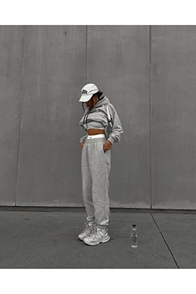 asfamoda Unisex Gri Melanj 3 İplik Sweatshirt Alt/Üst Eşofman Takımı