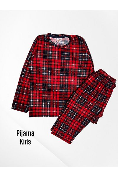 Pijamakids Set de pijamale pentru fete, 100% bumbac, din piele intoarsa, cu model roșu în carouri, cu mâneci lungi