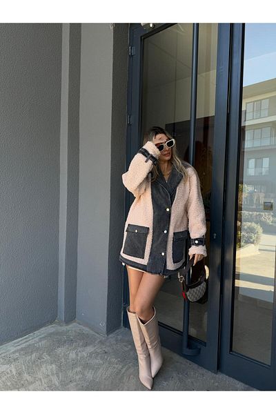Lady Pixie Jacket Collar Denim Banded Teddy Coat