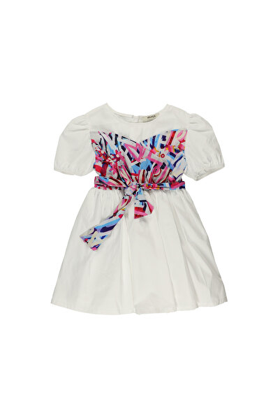 Panço Kız Beyaz Dokuma Yuvarlak Yaka Elbise