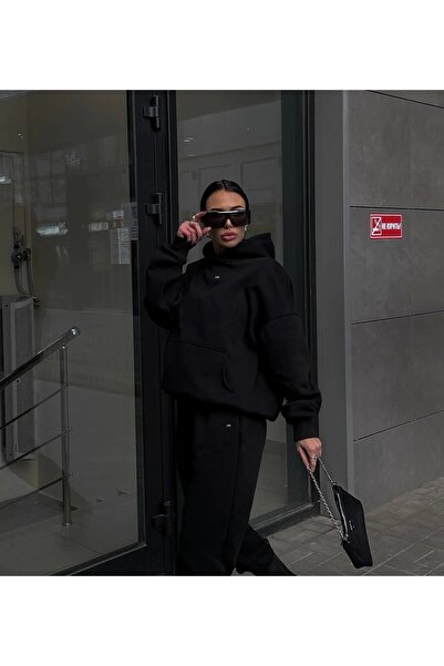 asfamoda Unisex Μαύρο Φούτερ Premium με κουκούλα με τρεις κλωστές
