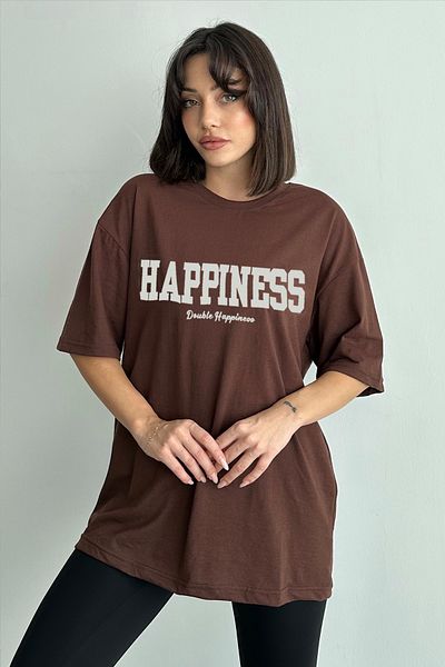 zunop Γυναικείο μπλουζάκι με στάμπα καφέ Happiness Crew Neck Oversize