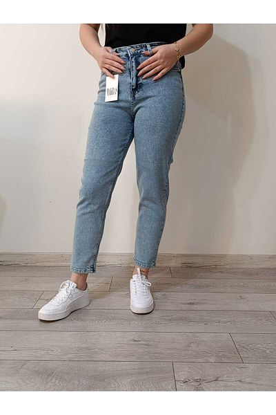 MAKRAS EXCLUSIVE Denim albastru din Lycra cu talie înaltă anii 90 - Blugi Boyfrend cu spălare pe zăpadă