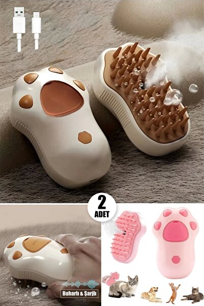 Tilbe Home 2li Pati Desen Buharlı Şarjlı Kedi Köpek Tarağı Silikon Fırçası Evcil Hayvan Bakım Tüy Alma Tarak