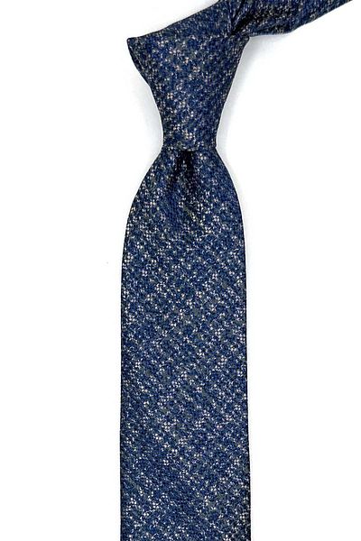 Kravatkolik Beige Sand Patterned Slim Navy Blue Tie - Sk8018