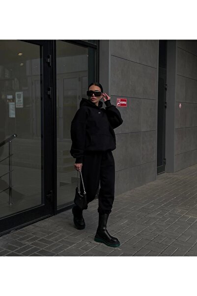 asfamoda Unisex Μαύρο Σετ Φούτερ με 3 Κλωστές Φούτερ Κάτω/Επάνω