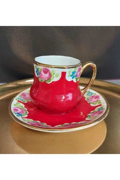 BY.RAYKA PORSELEN El Dekor Saray Porcelain Hand Painting Set of 2 Coffee Cups