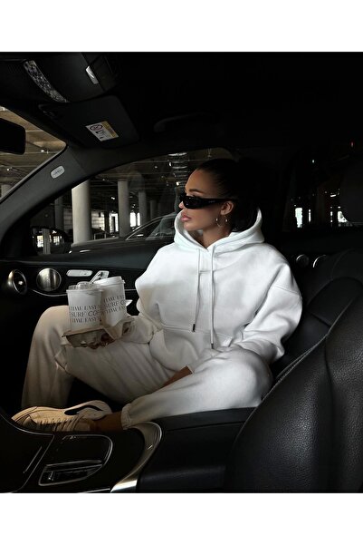 asfamoda Hanorac premium cu glugă, alb, unisex, cu trei fire