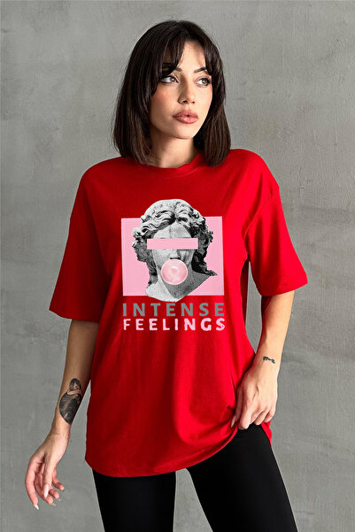 Stendhal Tricou oversize pentru damă, roșu, cu imprimeu Intense Feelings