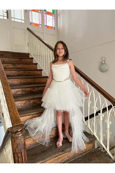 BUTİKHAPPYKİDS Kız Askılı Beyaz Zincir Detaylı Kat Etekli Kuyruklu Abiye 10-15 Yaş