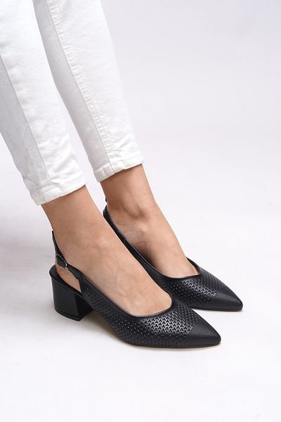 Riccon Pantofi cu toc gros Maudthyl pentru femei cu spatele deschis 0012443   Piele neagră