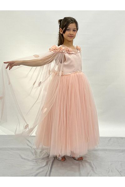 BUTİKHAPPYKİDS Girls' Evening Dresses Powder Long Tulle with Cape and Flowers Gowns 6-14 Years