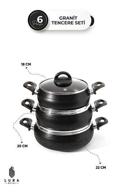 Skygo 6-Piece Black Granite Cookware Set – Stylish and Durable in Sizes 18, 20, 22 cm