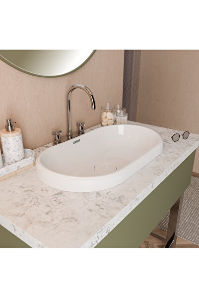 Livabo Zana370x640x130mm,antibakteriyel Tezgah Üstü Ankastre,gizli Giderli,beyaz Akrilik Lavabo