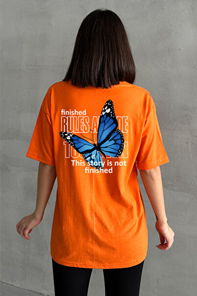 Stendhal Tricou oversize de damă portocaliu cu imprimeu mare cu fluturi