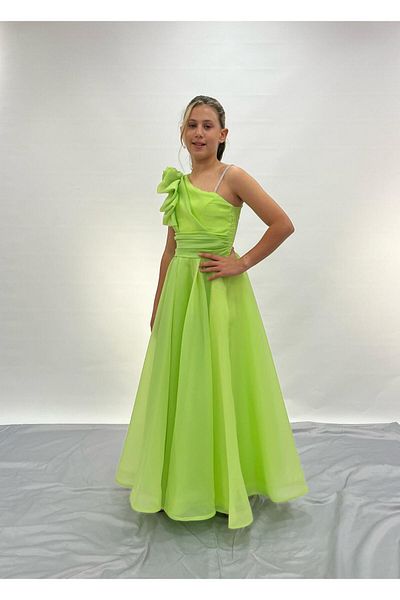 BUTİKHAPPYKİDS Girl's Evening Dress Pistachio Green One Shoulder Collar Rose Detailed Chiffon Long Children's Evening Dress 10-14 Years