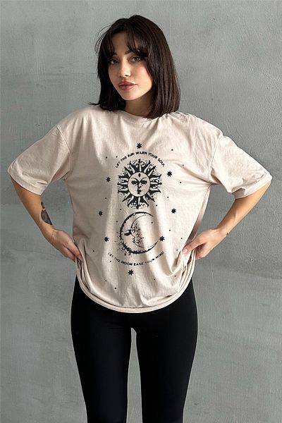 zunop Γυναικείο μπλουζάκι με μπεζ Astral printed Crew Neck Oversize