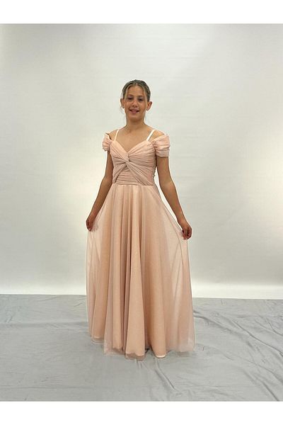 BUTİKHAPPYKİDS Girl's Powder Strap Shoulder Detailed Sparkly Tulle Long Evening Dress 10-15 Years