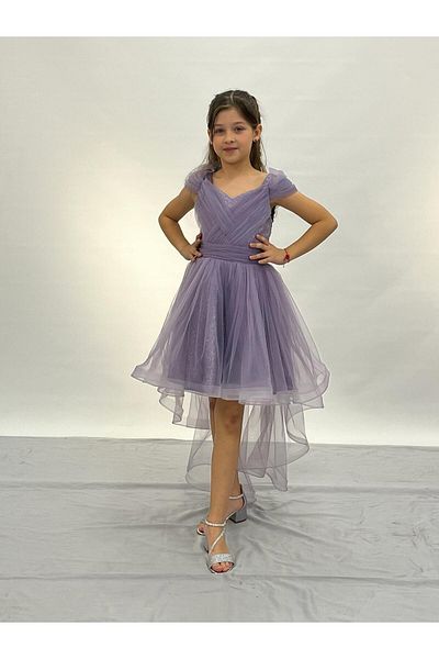BUTİKHAPPYKİDS Girls' Evening Dress Lilac Strap Low Sleeve Sweep Train Evening Dress 6-14 Years