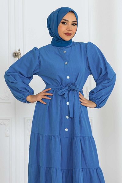 benguen Rochie albastră cu nasturi cu model în relief 2120