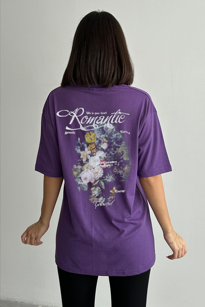 Stendhal Tricou oversize pentru damă, mov, cu imprimeu romantic, cu decolteu