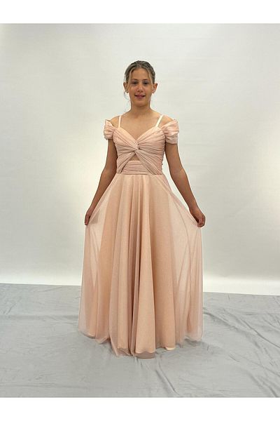 BUTİKHAPPYKİDS Girl's Powder Strap Shoulder Detailed Sparkly Tulle Long Evening Dress 10-15 Years