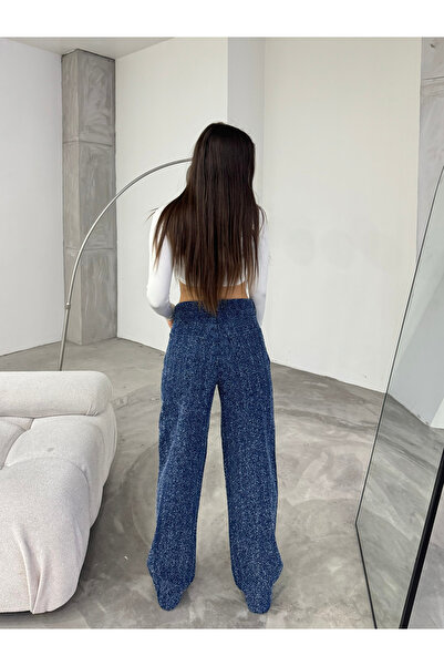 BİKELİFE Women's Blue Punch Detailed Special Design Wide Leg Trousers