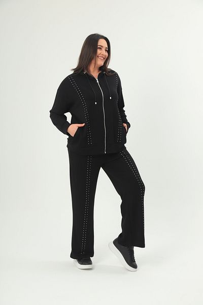 Şans Women's Plus Size Black Stone Detailed Hooded Tracksuit Suit 65N38713