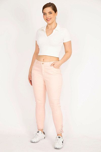 Şans Women's Pink Large Size Jeans with Lace Detail 65n36046