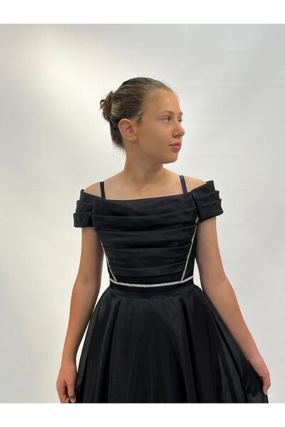 BUTİKHAPPYKİDS Kız Çocuk Abiye Siyah Askılı Uzun Şifon Kolları Çıkabilen Drape Yaka Abiye Elbise 10-15 Yaş